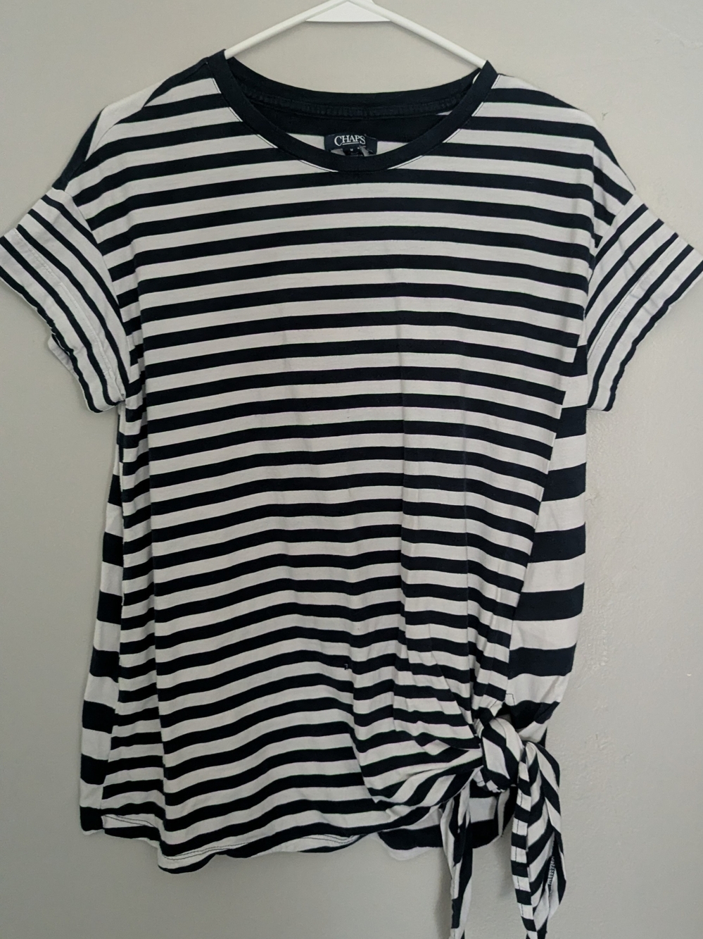 Chaps Black and White Striped Side-Tie Short Sleeve Top
